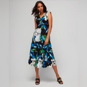 WHBM Green Blue Floral Midi Dress with Front Gathering Medium NWT 6280
